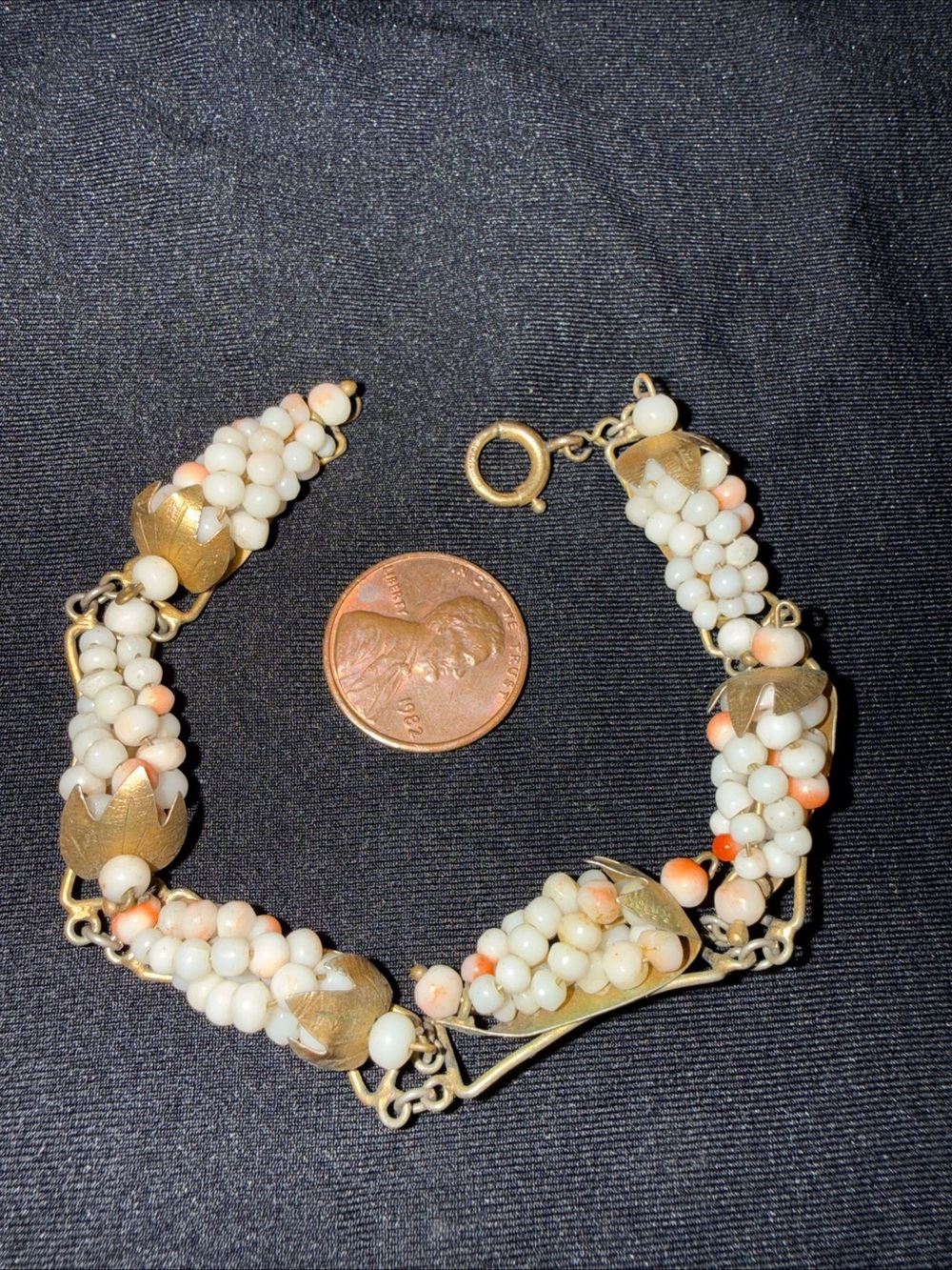 Gold filled 12K 1/20 Beaded Grape Cluster Bracelet - White Coral pink vintage